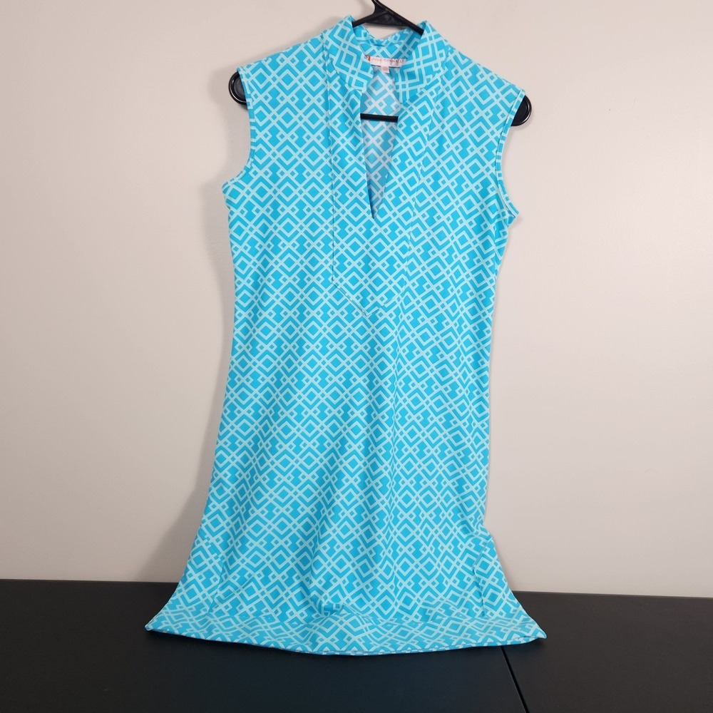 Jude Connally Sleeveless Shift Dress Aqua Blue White Geometric Coastal Preppy XS